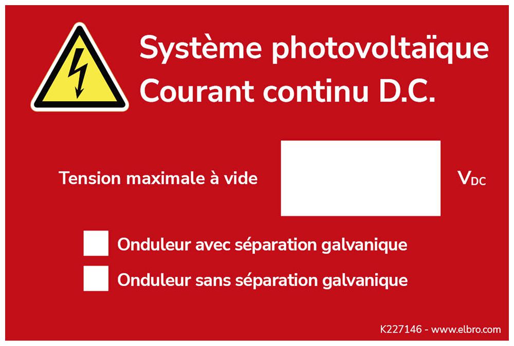 Warnaufkleber ELBRO Système photovoltaïque Courant continu 90×60mm rot