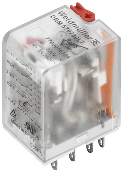 Relais WM DRM570548LT 4CO AgNi(+Au) 38.4…52.8VAC 5A/250VAC Prüftaste