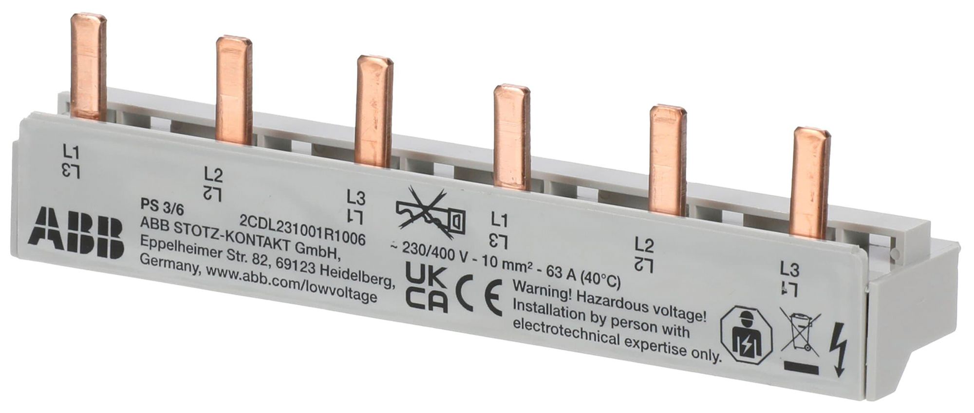 Kammschiene ABB pro M compact PS3/6 3P/3L 10mm² 63A 106mm grau