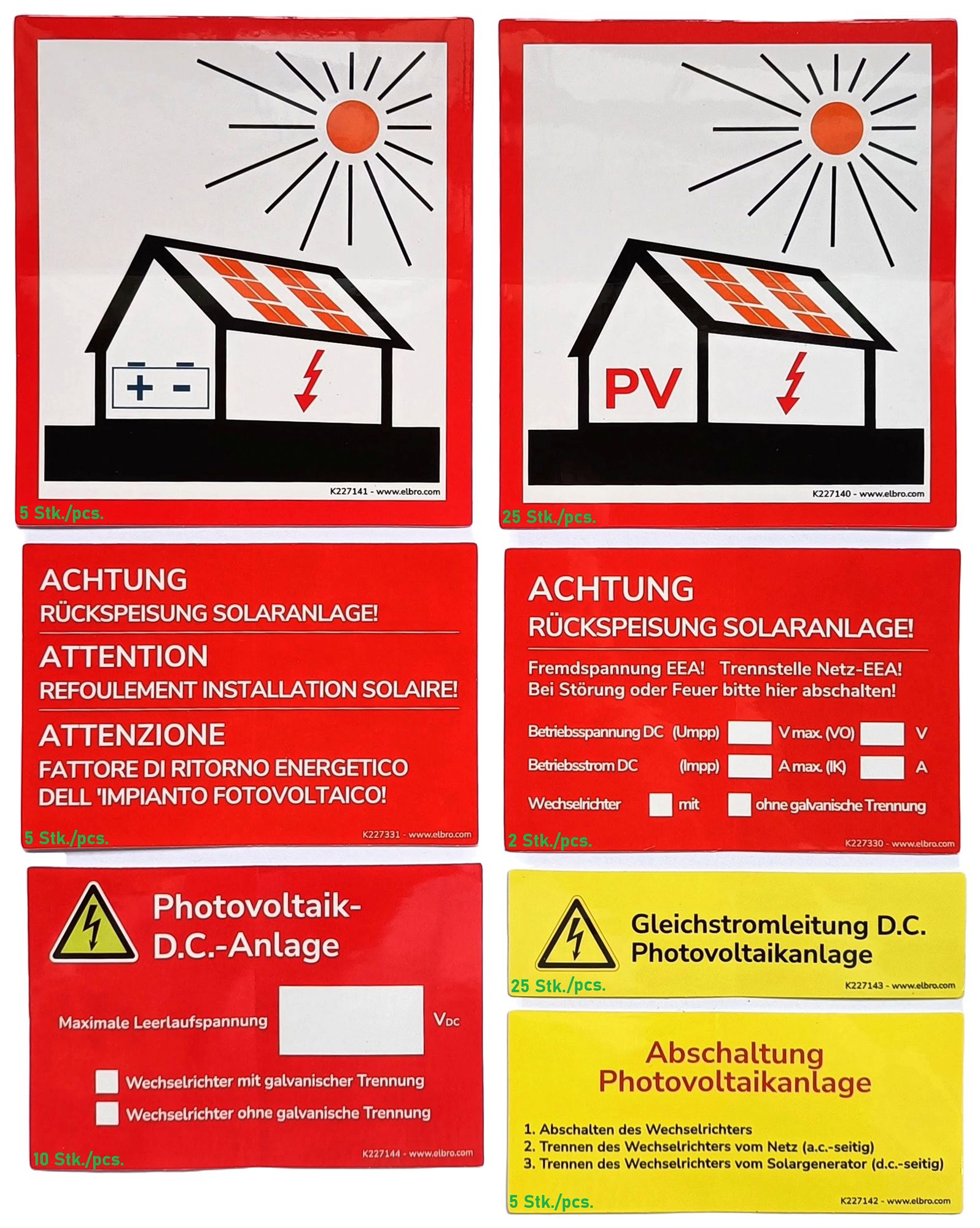 Warnaufkleber ELBRO Photovoltaik  77 Stück in 7 Varianten mit Etui