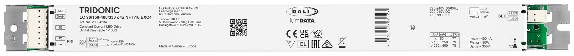 Alimentation LED Tridonic LC NFC EXC4 49.5…90W 100…330V 150…400mA DALI 360×30×16