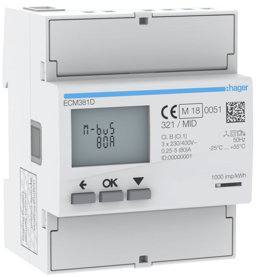 Compteur d'énergie AMD HA ECM381D 3P direct 80A M-Bus MID import+export 2T+2T
