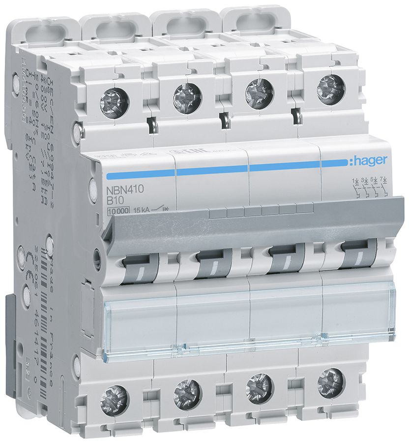 Leitungsschutzschalter Hager MCB 4P 415V Typ B 10A Icn 10kA Icu 15 kA 4TE