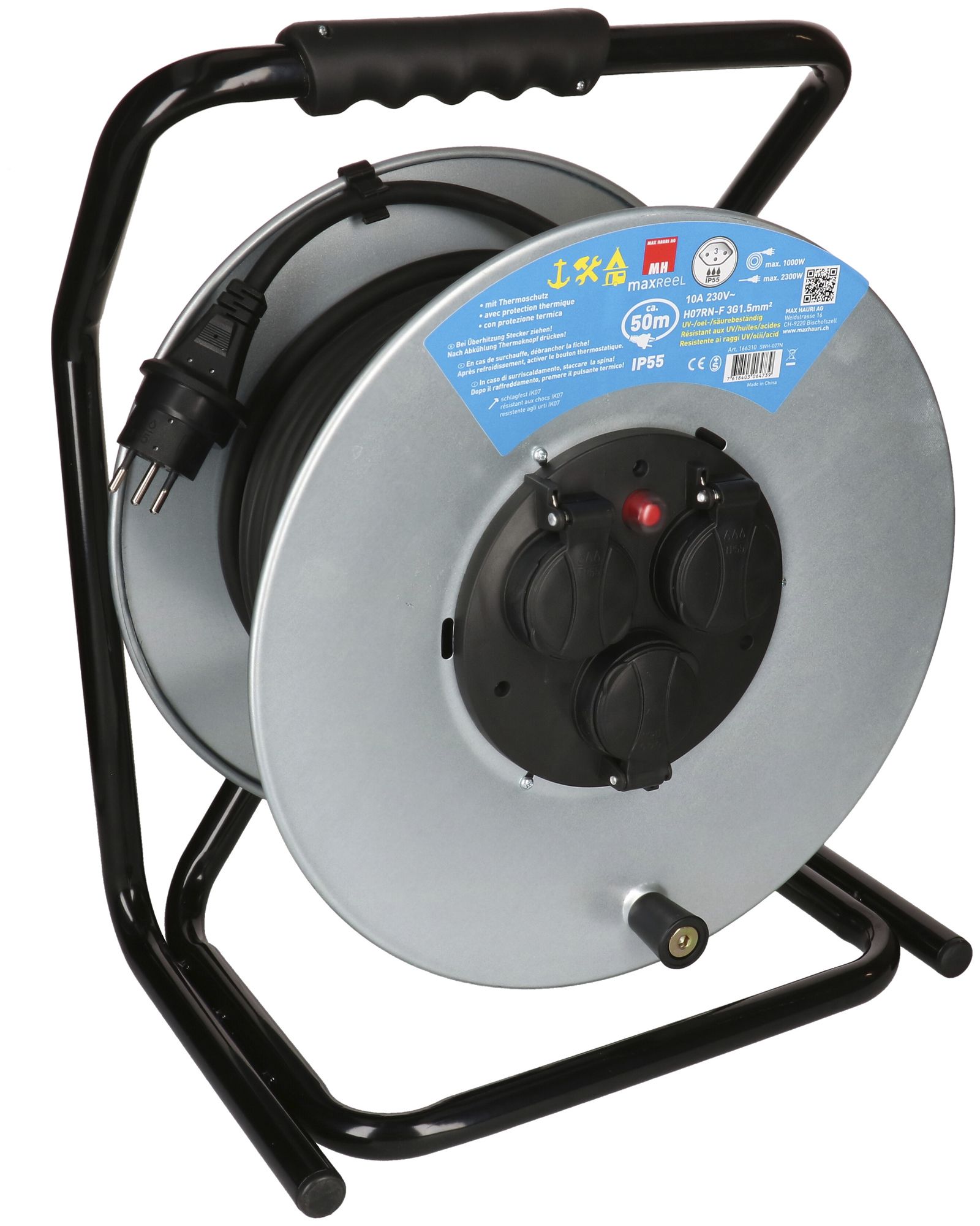 Enrouleur de câble MAX HAURI acier 230V 10A 3×T13 50m 3×1.5mm² IP55 argent