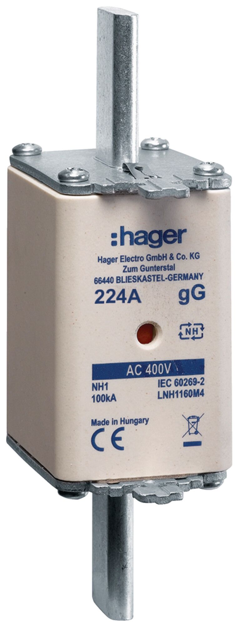 Fusibile HPC Hager DIN1 400VAC 224A gG/gL segnalatore doppio antiruggine