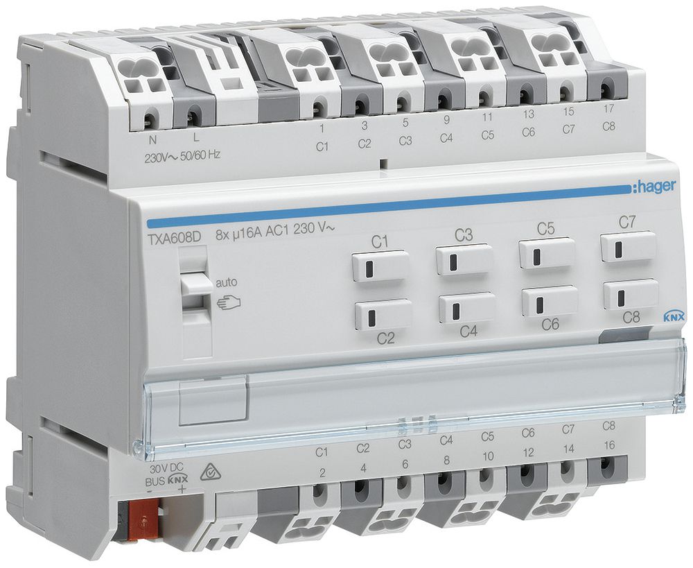 Module de sortie AMD KNX Hager easy 16A charge C octuple
