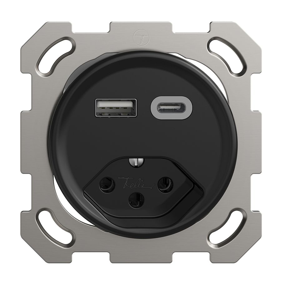 Prise ENC USB type A+C + type 13 Feller STANDARDdue QM 230V 3000mA noir