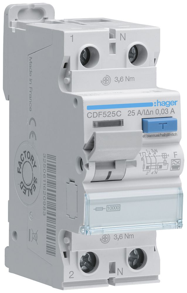 Interruttore differenziale Hager RCCB (RCD) 2P 400V 0.03A tipo F 25A 10kA 2UM