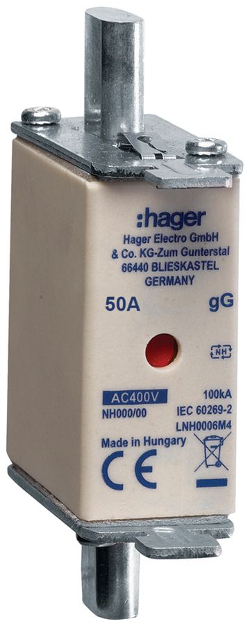Fusible HPC Hager DIN000 400VAC 50A gG/gL avertisseur double antirouille