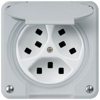 Steckdose Hager robusto, 3×T23, mit Klappdeckel A, grau