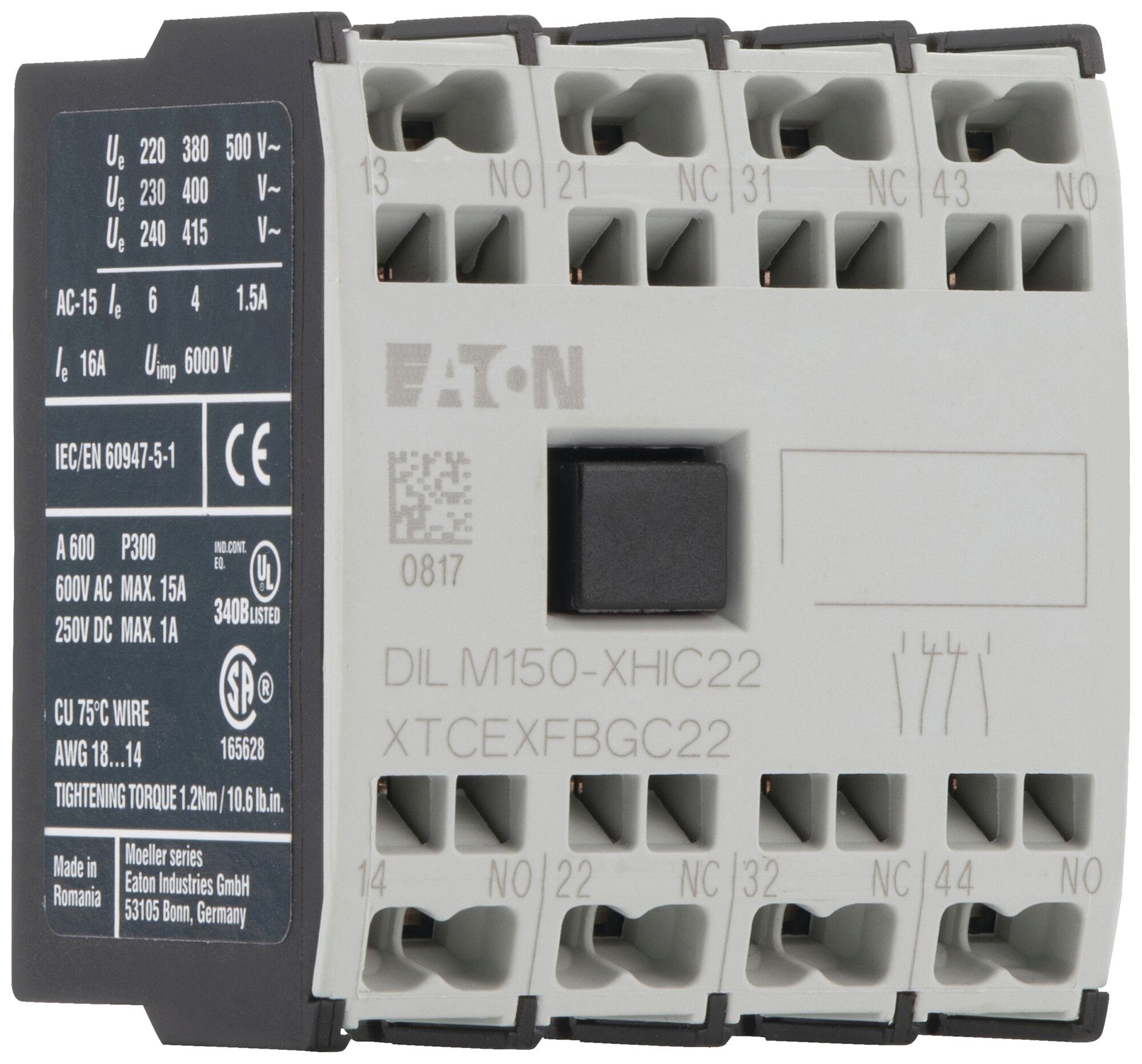 Contatto ausiliare Eaton DILM150-XHIC22 2NO 2NC 6A raccordo a molla