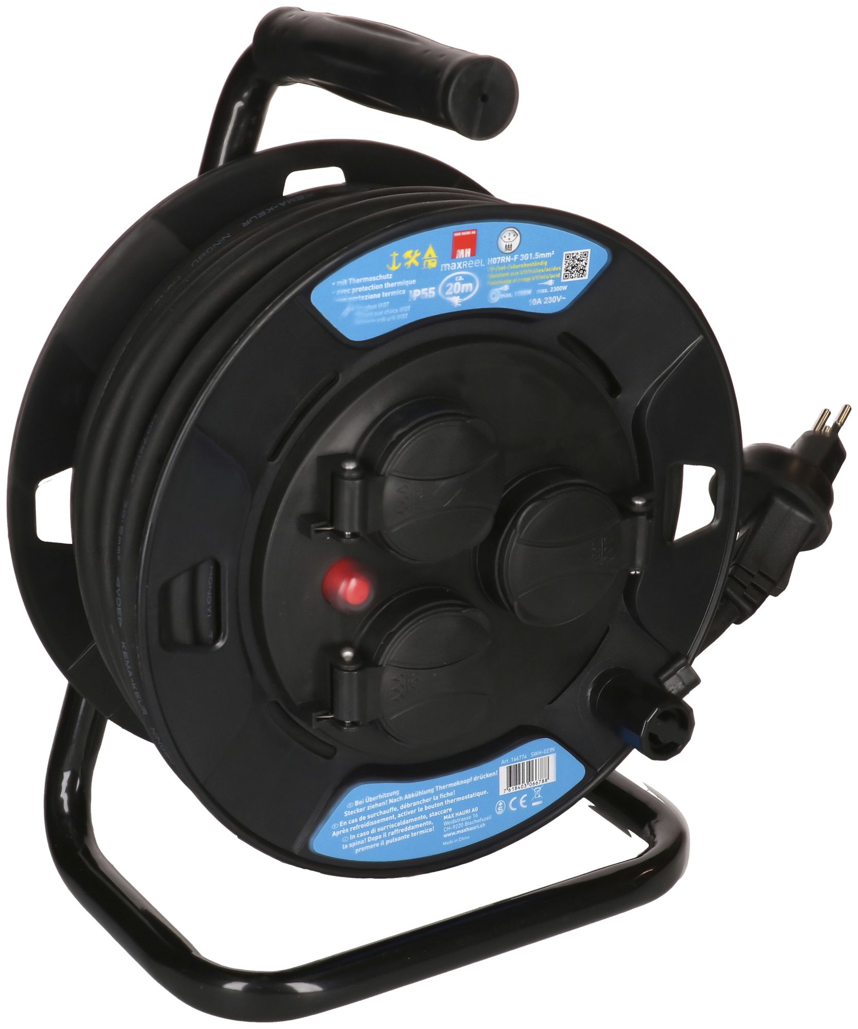 Enrouleur de câble MAX HAURI matière synth.230V 10A 3×T13 20m 3×1.5mm² IP55 noir