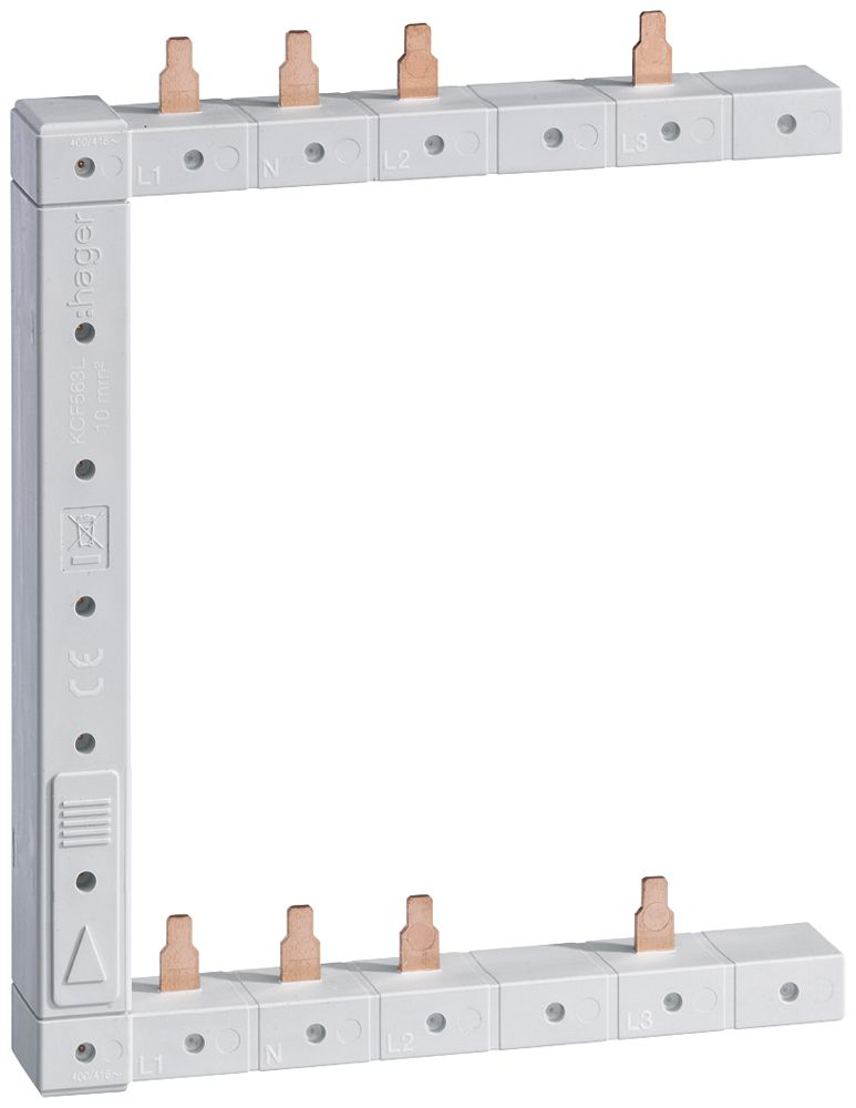 Kammschiene Hager 4P 3L Stift 10mm² 63A links L1N-L2N-L3N zu L1N-L2N-L3N weiss
