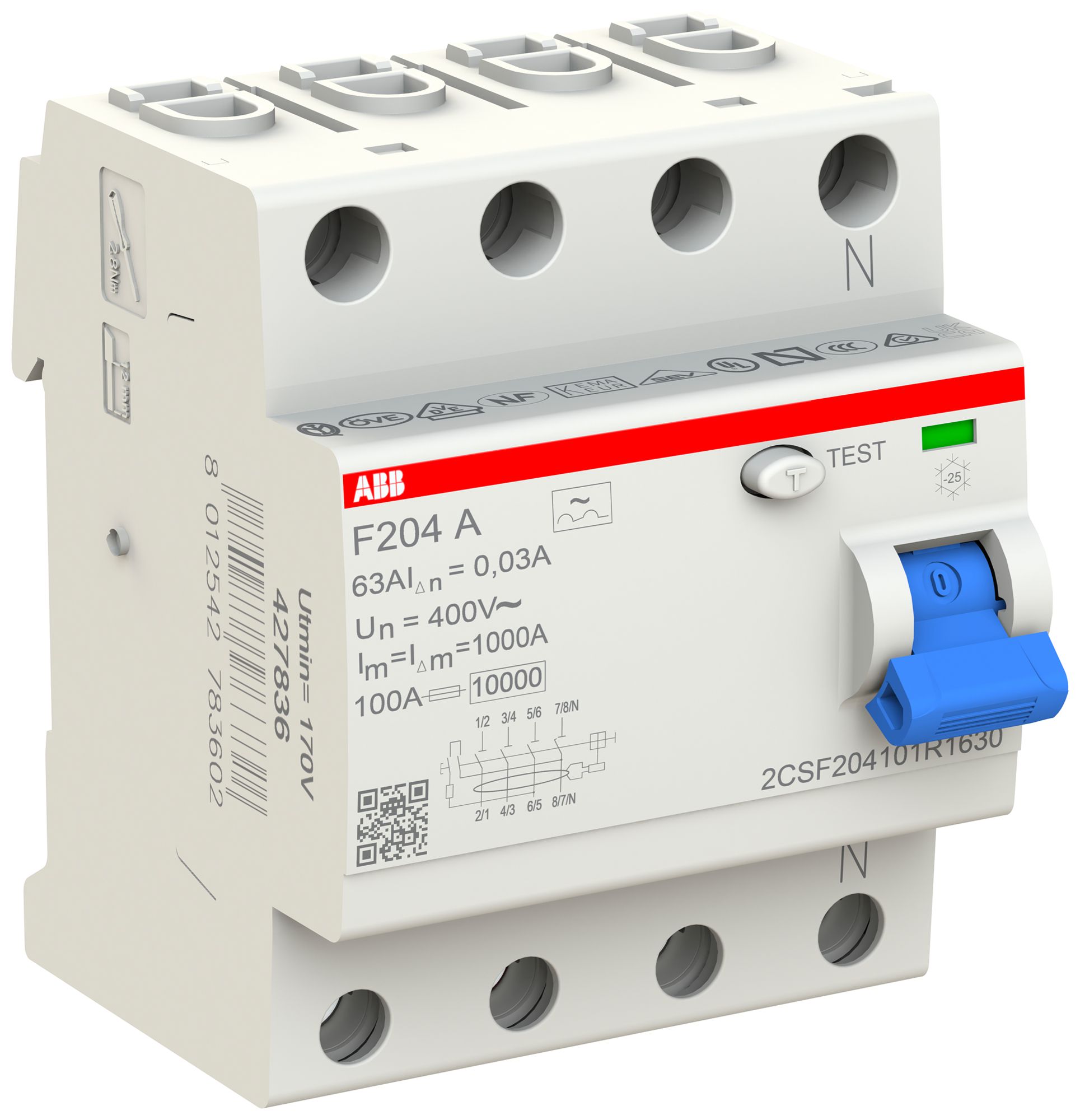 Interruttore differenziale ABB 30mA 63A 3P+N F204A-63/0.03