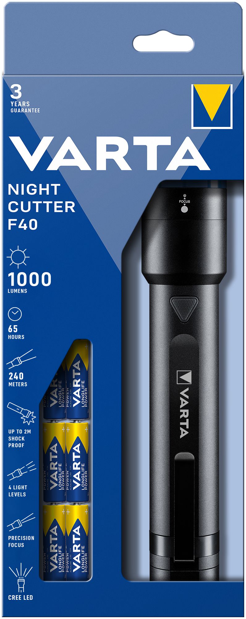 Lampe de poche LED VARTA Night Cutter F40 1000lm, avec 6×AA, IPX4