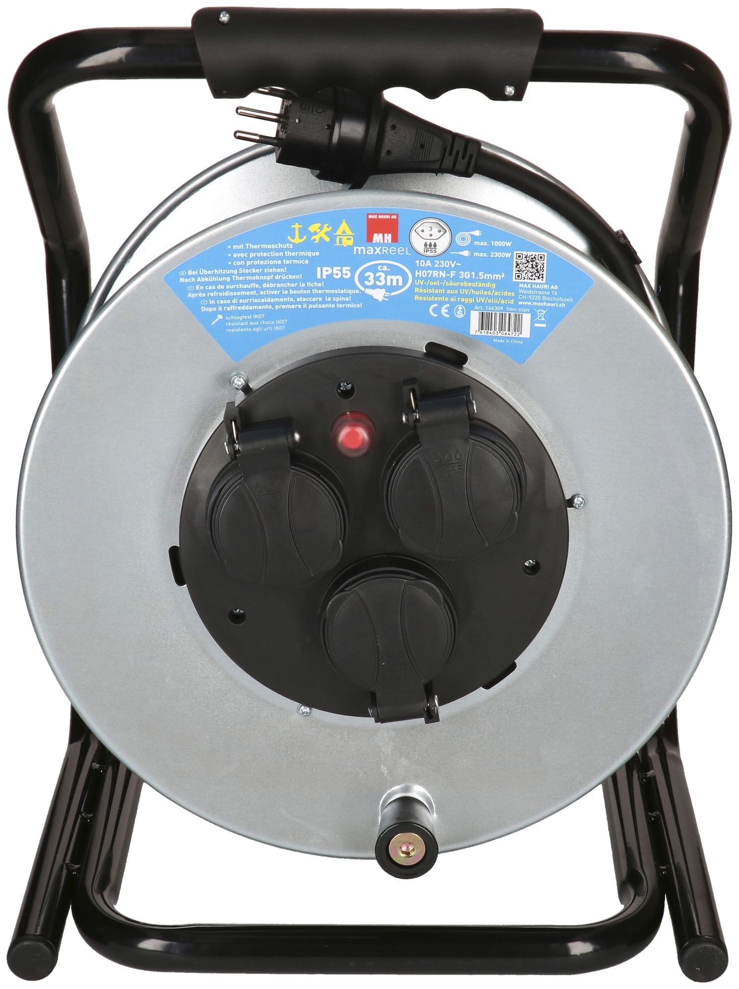 Enrouleur de câble MAX HAURI acier 230V 10A 3×T13 33m 3×1.5mm² IP55 argent