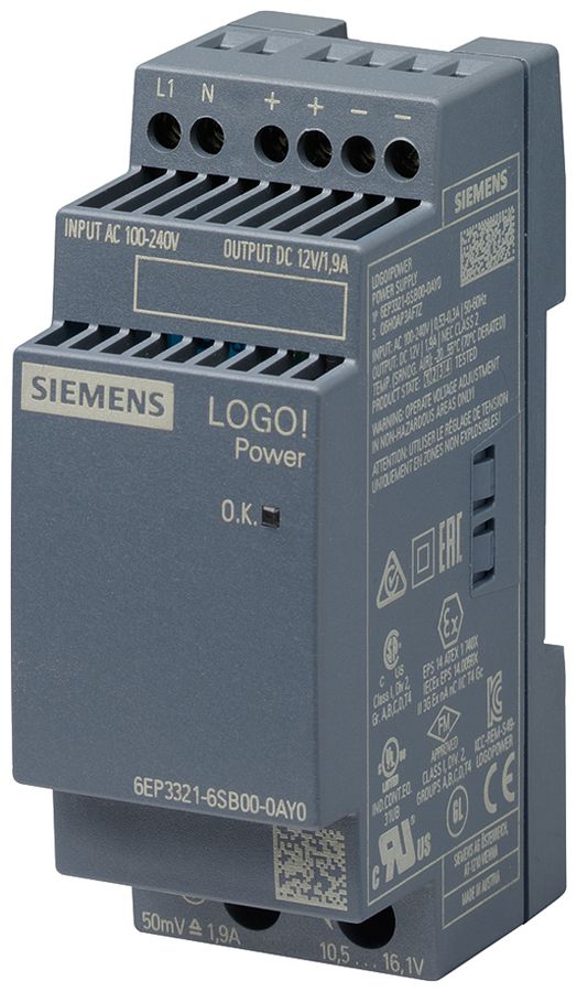 Stromversorgung Siemens LOGO!POWER, IN:100…240VAC, OUT:12VDC/1.9A, 2TE