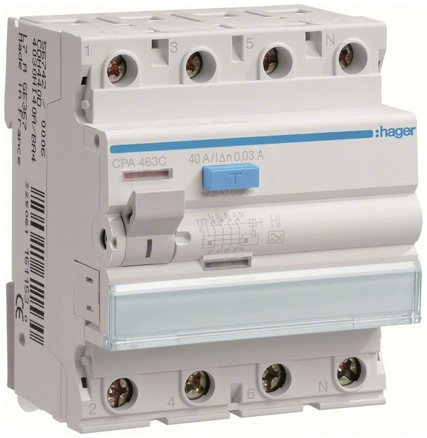 Interrupteur différentiel Hager RCCB (RCD) 4P 400V 0.03A type A HI 40A 4UM