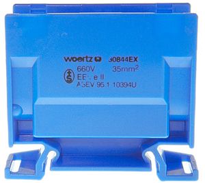 Borne de dérivation Woertz Ex 16…35mm² 125A 750V vis 2×1 rail DIN 35mm bleu