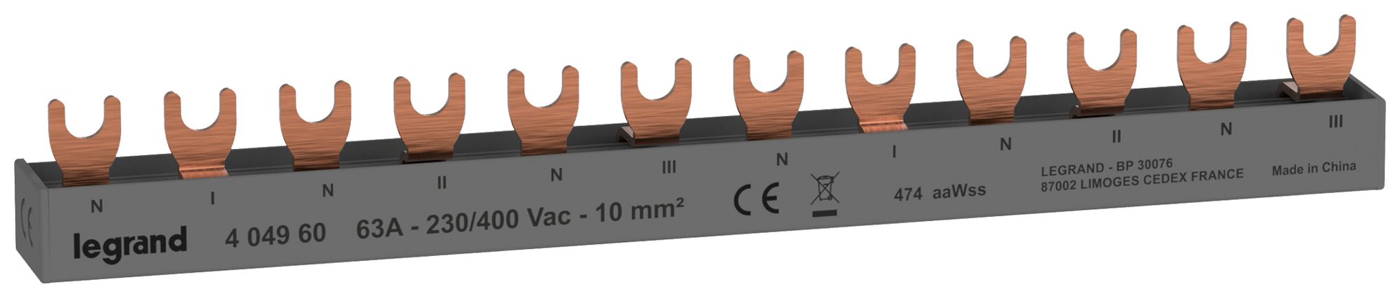Kammschiene HX³standard 4P 3Ph Gabel 10mm² 63A 210mm grau