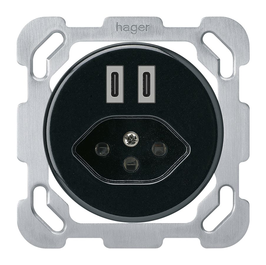 UP-USB-Ladesteckdose Hager basico C-C 20W+T13 5V 77×77mm schwarz
