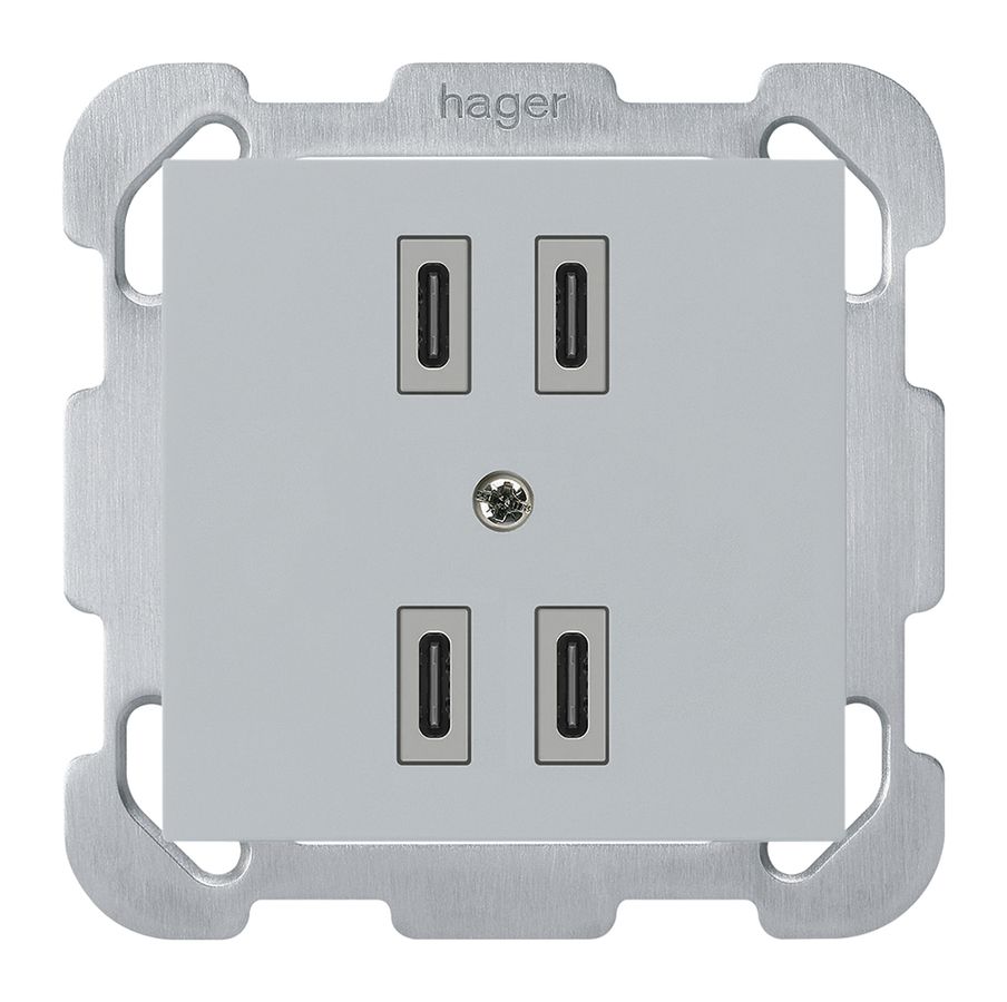 UP-USB-Ladesteckdose Hager kallysto 2×C-C 2×20W oder 4×10W 5V 77×77mm grau