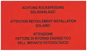 Etichetta Plica EET UV HA DE/FR/IT: ACHTUNG RÜCKSPEISUNG SOLARANLAGE!