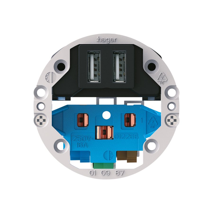 Einsatz zu Steckdose 2×USB & T13/23 Hager Bauart E 2400mA