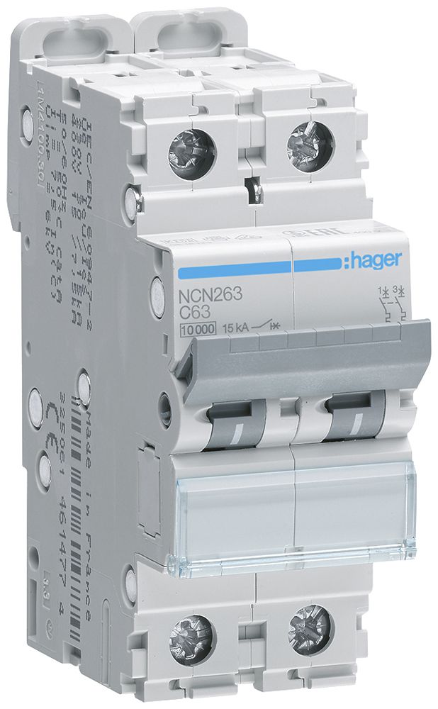 Leitungsschutzschalter Hager MCB 2P 415V Typ C 63A Icn 10kA Icu 15kA 2TE