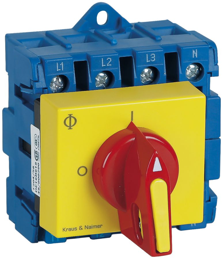 EB-Lasttrennschalter für DIN 4P, 20A, Front: 0-1, gb, 44×45mm, Sperrvor.rt/gb