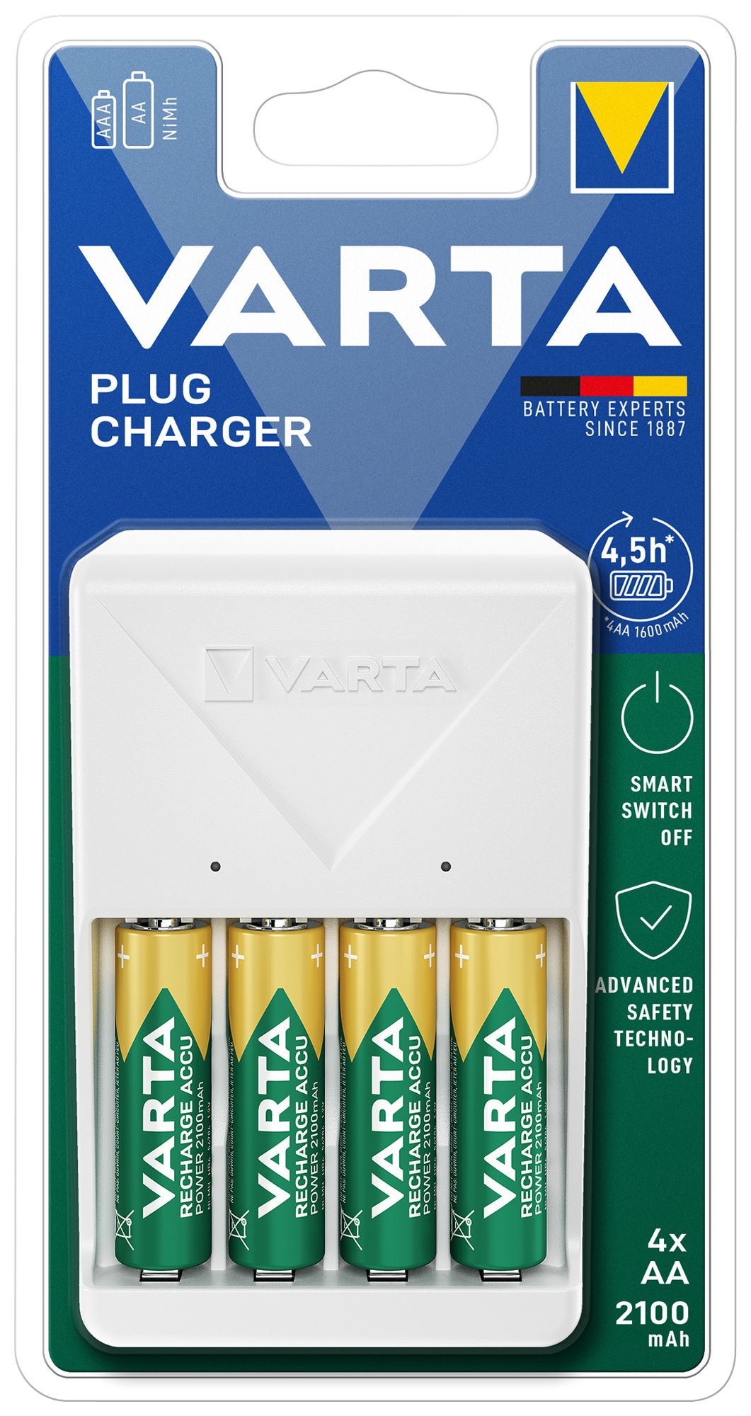 Ladegerät VARTA Plug Charger+ mit 4×AA 56706, 2100mAh