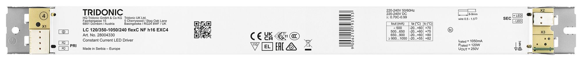 Alimentation LED Tridonic LC NFC EXC4 77…120W 45…220V 350…1050mA 360×30×16.3mm