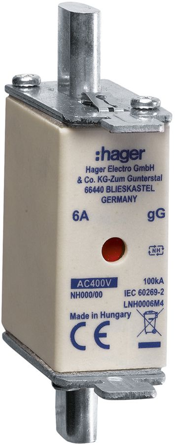 Fusibile HPC Hager DIN000 400VAC 6A gG/gL segnalatore doppio antiruggine