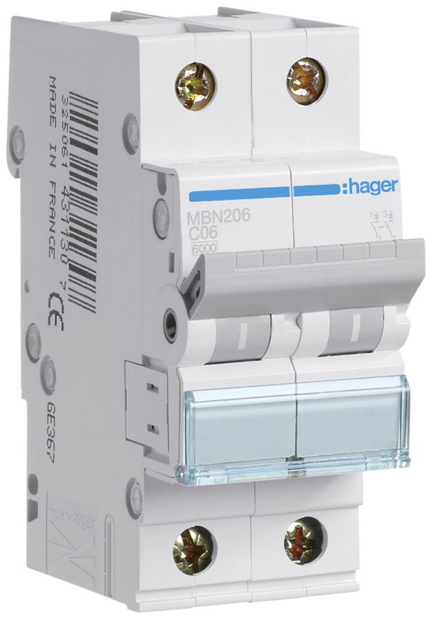 Leitungsschutzschalter Hager MCB 2P 415V Typ B 6A Icn 6kA 2TE