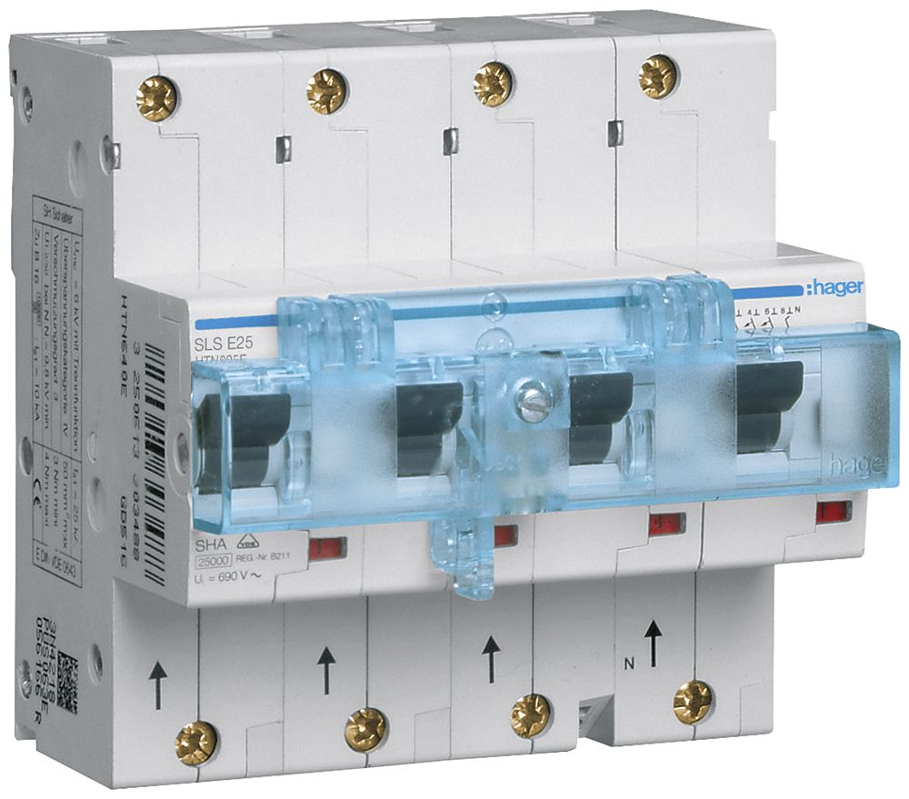 Disgiuntore Hager MCB 4P 230V caratteristica di intervento E 25A 25kA 2UM