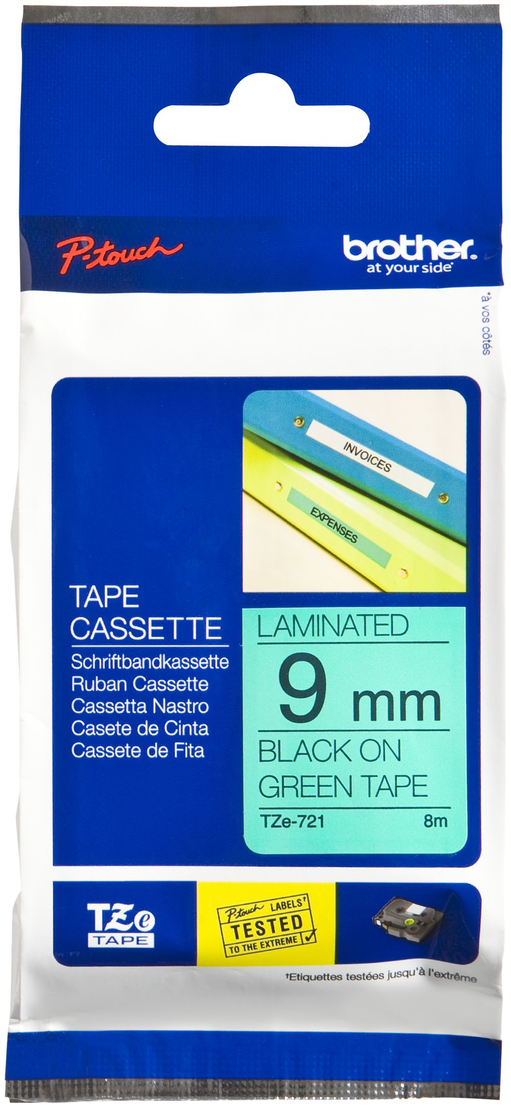 Cassetta nastro Brother TZe-721 9mm×8m, verde/nero