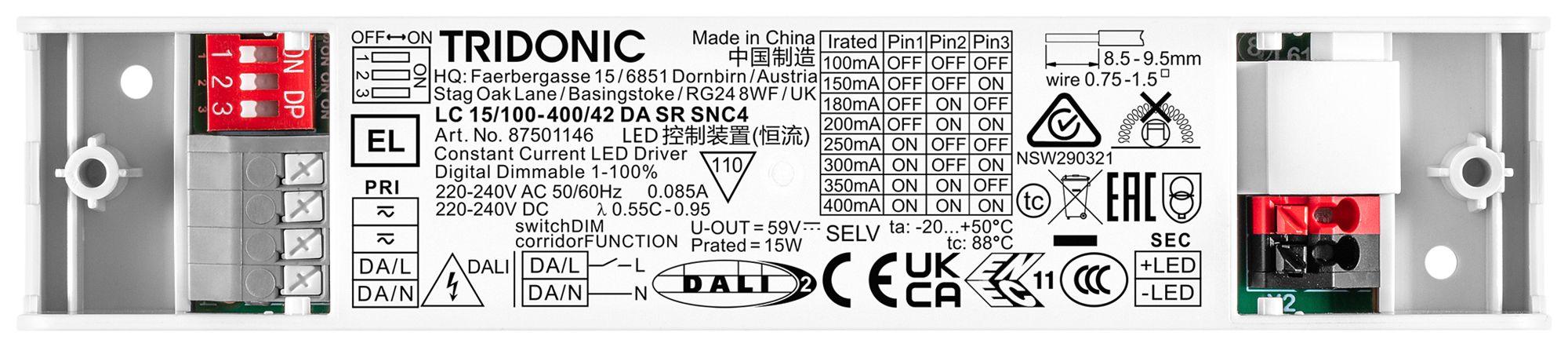 Alimentation LED Tridonic LC SNC4 1…15W 59V 100…400mA DALI2 144×30×21mm