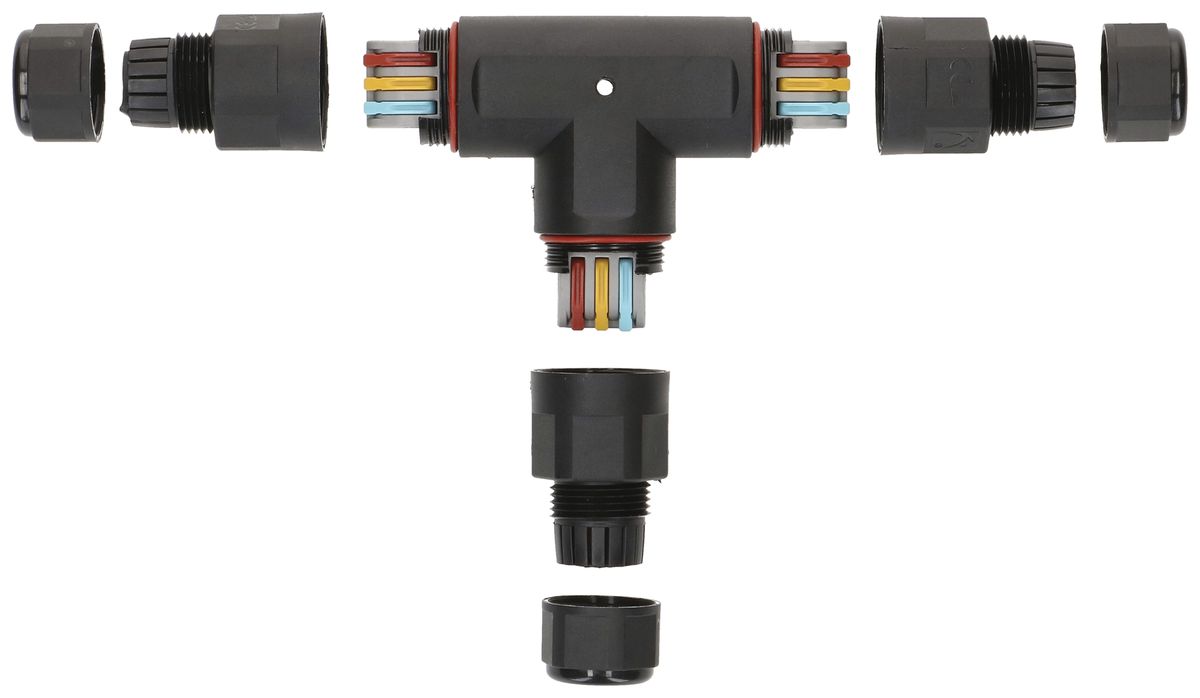 Raccord de câble MH dérivation T 3×0.5…2.5mm² Ø6.5…11mm Ø30×88×142mm IP68 noir
