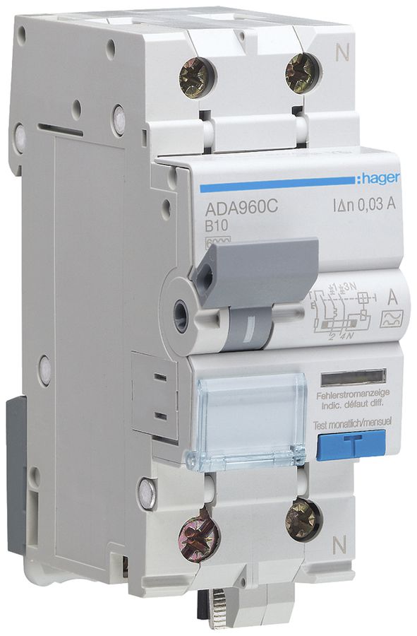 Disgiuntore differenziale Hager RCBO 2P 230V car.B 10A 0.03A tipo A 2UM