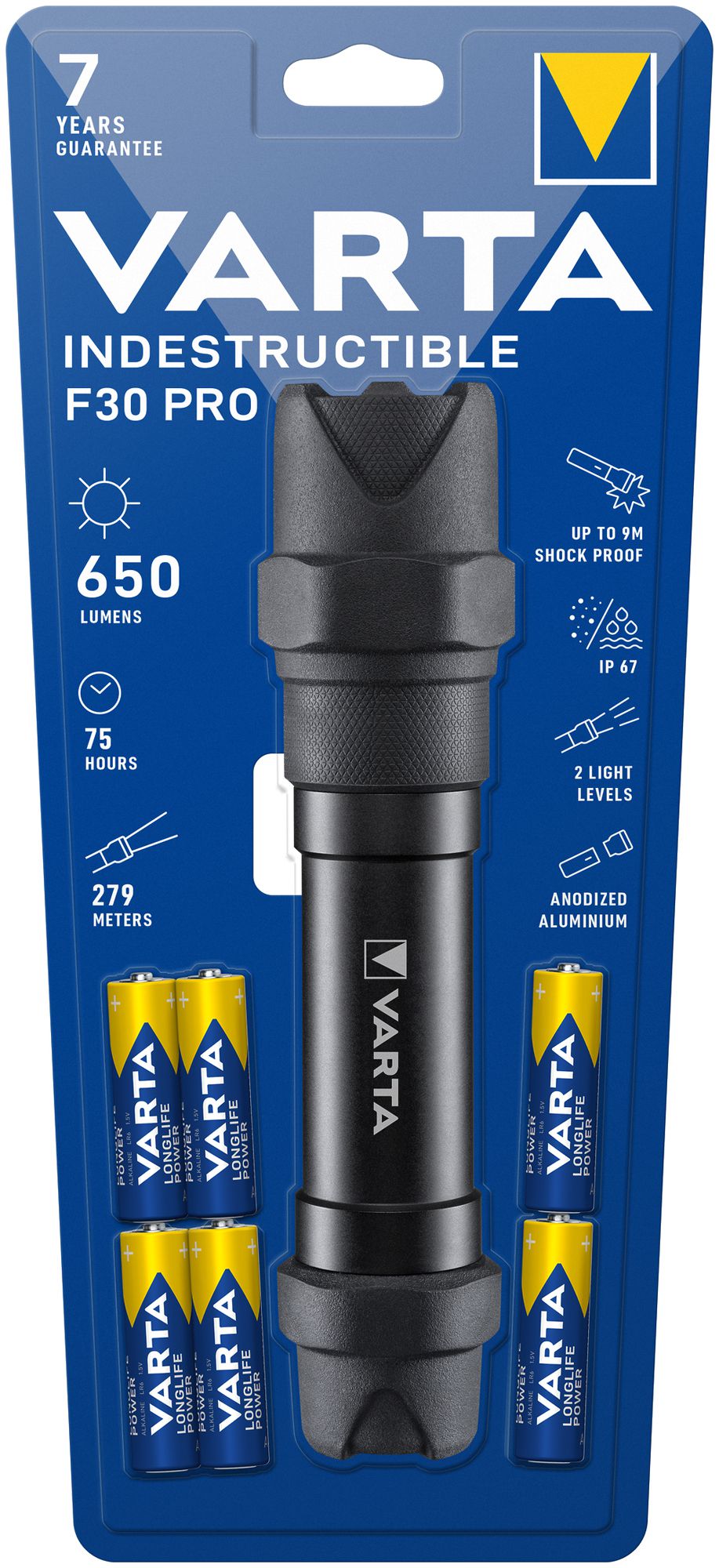 Lampe de poche LED VARTA Indestructible F30 Pro, 650lm, avec 6×AA