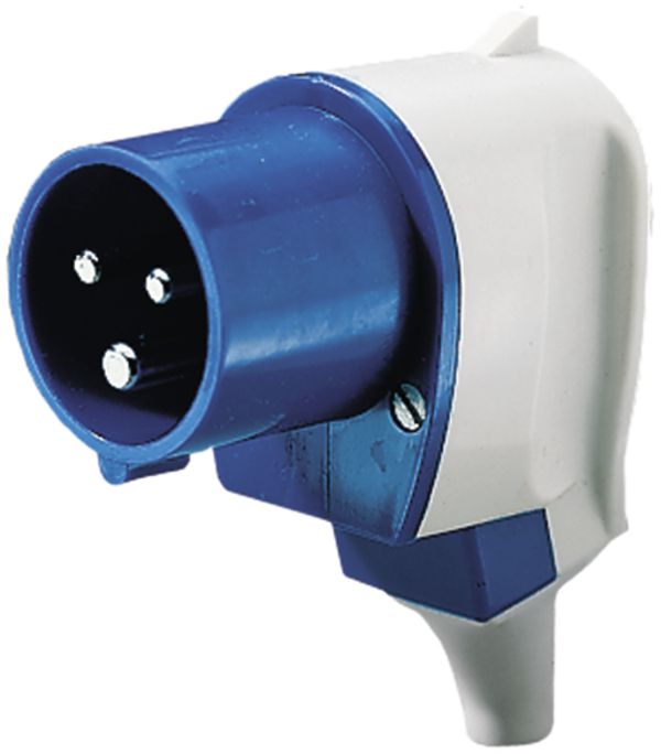 Winkelstecker CEE 16A 3P 6h 230V blau mit Kabelknickschutz