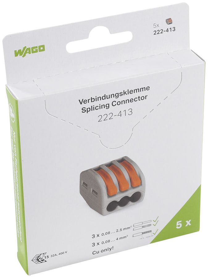 Morsetto d.connessione WAGO 222-413 blister 5 pezzi 3L 0.08…4mm² 32A 400V grigio