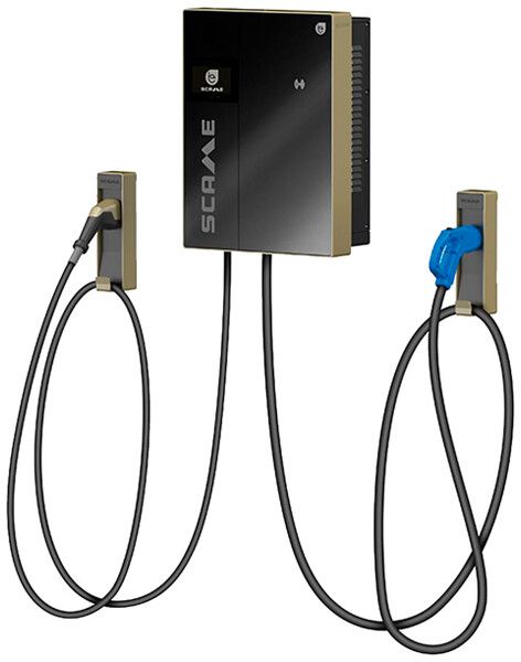 Station de charge murale Scame BE-D 25kW 60ADC 1×T2 CCS 1×CHAdeMO 4.5m IP55