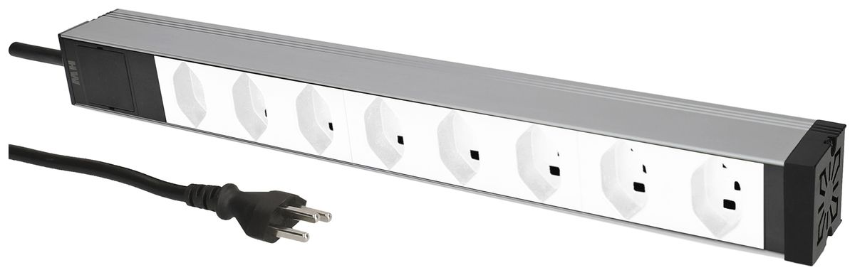 Prise multiple 19" MH maxCONNECT 8×T23 1UH Td 3×1.5mm² 3m blanc/aluminium