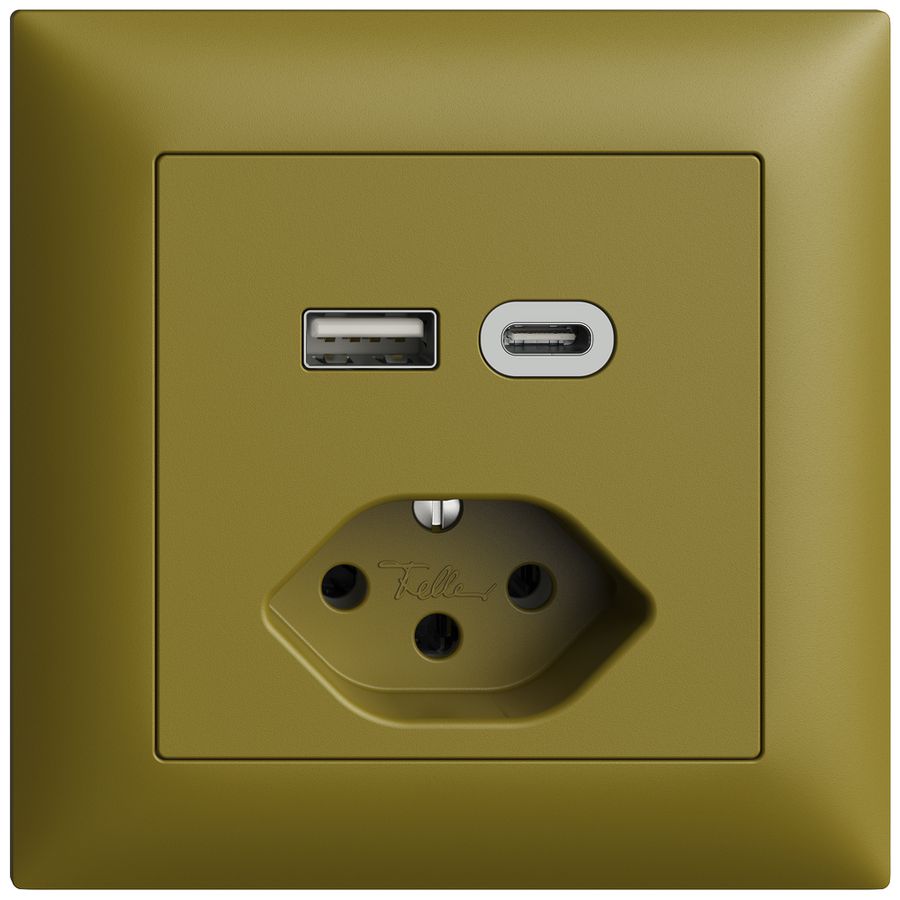 Prise ENC USB type A+C + type 13 Feller EDIZIOdue FMI 230V 3000mA olive