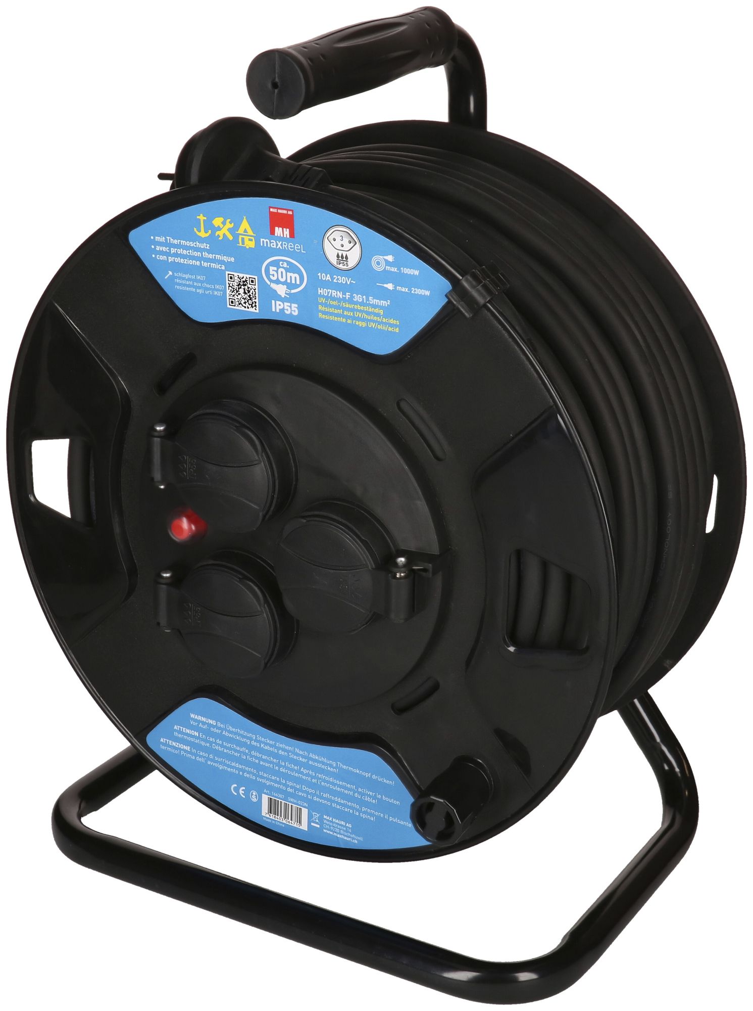 Enrouleur de câble MAX HAURI matière synth.230V 10A 3×T13 50m 3×1.5mm² IP55 noir