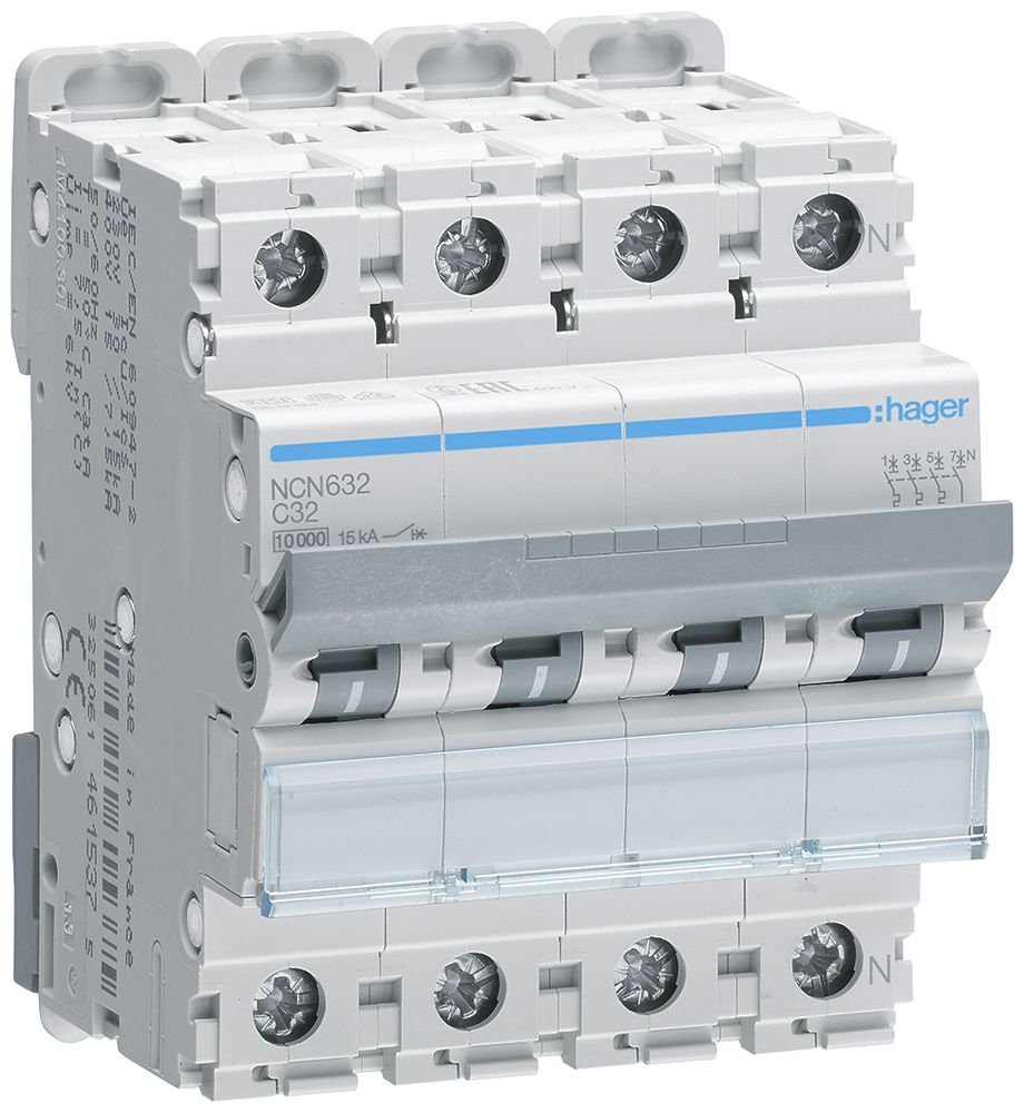 Leitungsschutzschalter Hager MCB 3P+N 415V Typ C 32A Icn 10kA Icu 15 kA 4TE