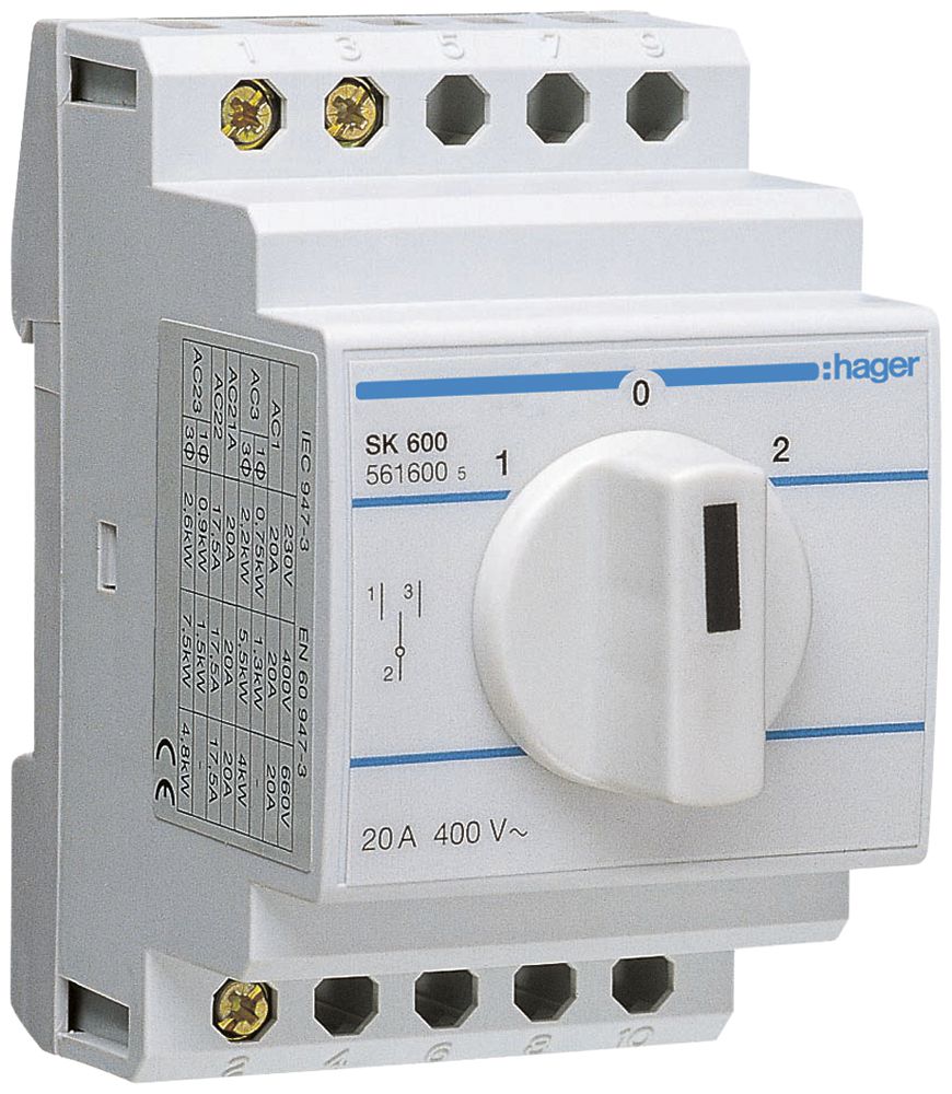REG-Umschalter Hager 20A 400V 0 Schliesser 0 Öffner 2 Wechsler 3TE