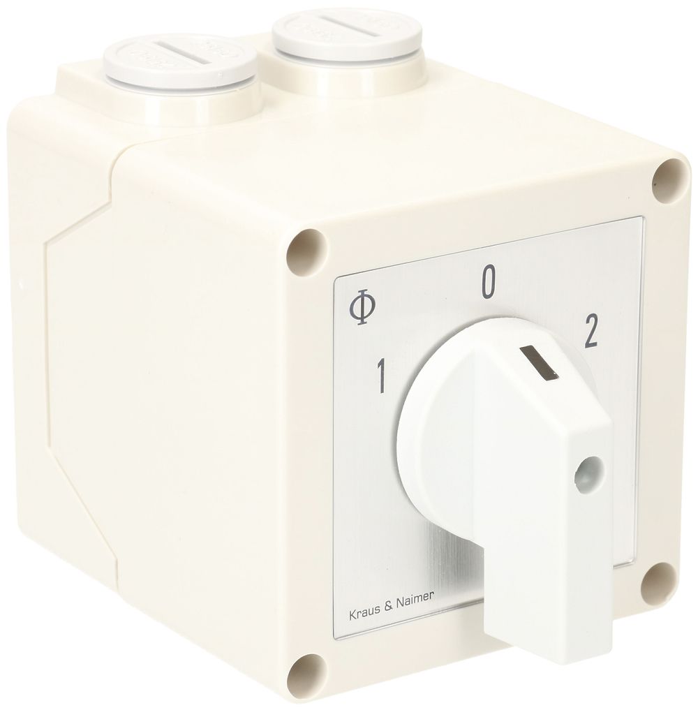 Interrupteur inverseur AP K&N, 25A/690V 3L, 64×72×108mm, impression "1-0-2"