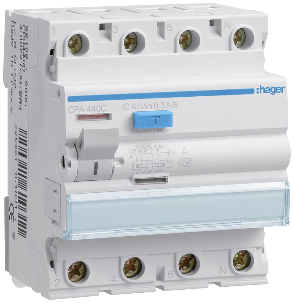 Interruttore differenziale Hager RCCB (RCD) 4P 400V 0.3A tipo A S 40A 4UM
